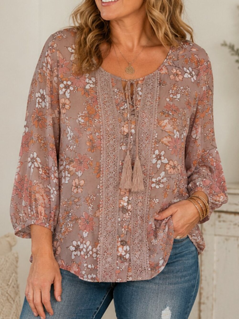 Como Vintage 2X Floral Boho Peasant Blouse Lace Tassel Tie Plus Size Top